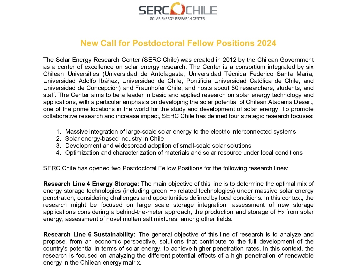 SERC Chile – New Call For Postdoctoral Fellow Positions 2024.
