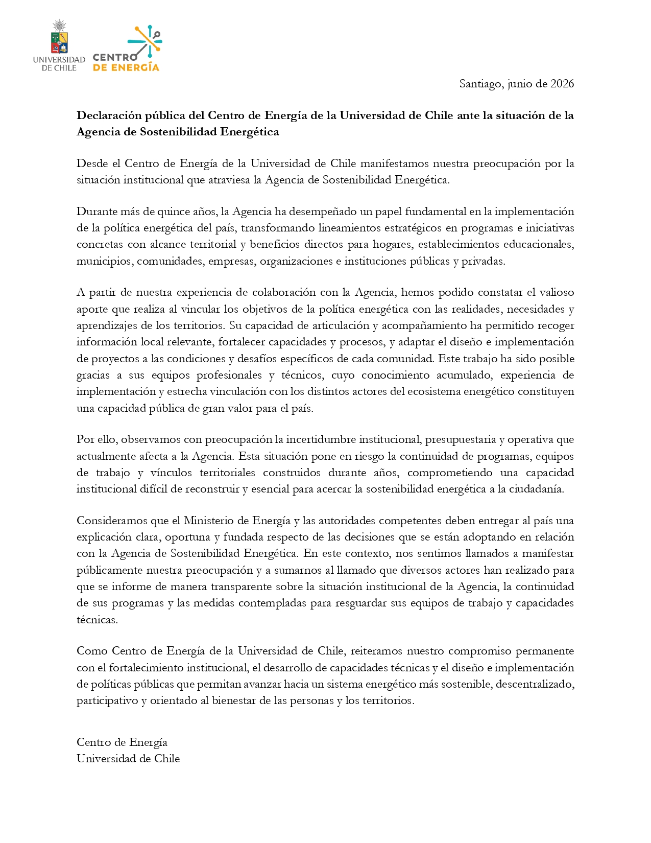 Desde El Centro De Energía De La Universidad De Chile Manifestamos Nuestra Preocupación Ante La Situación Institucional Que Atraviesa La Agencia De Sostenibilidad Energética.