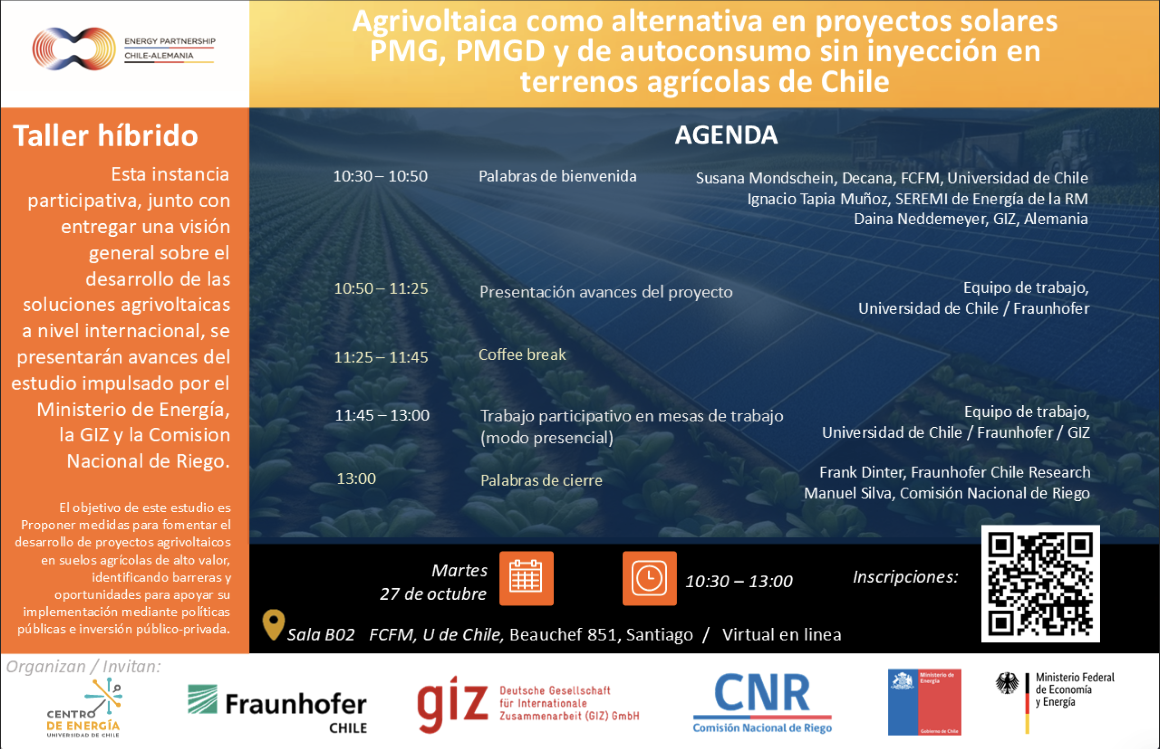 (Español) Invitación, Martes 27 De Octubre. Taller Híbrido “Agrivoltaica Como Alternativa En Proyectos Solares PMG, PMGD Y De Autoconsumo Sin Inyección En Terreno Agrícolas De Chile”.